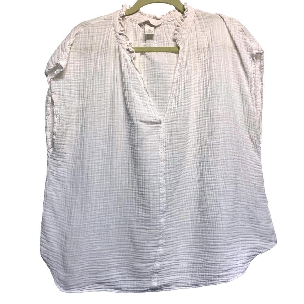 Boho Cotton Crinkle Gauze Blouse Large White Ruffle Cottagecore Airy Lagenlook